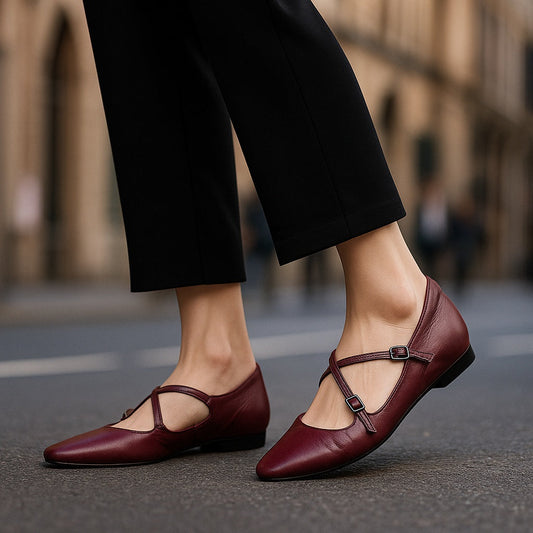 LORÉVA Leather Cross-Strap Almond Toe Ballet Flats