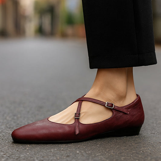 LORÉVA Leather Cross-Strap Almond Toe Ballet Flats