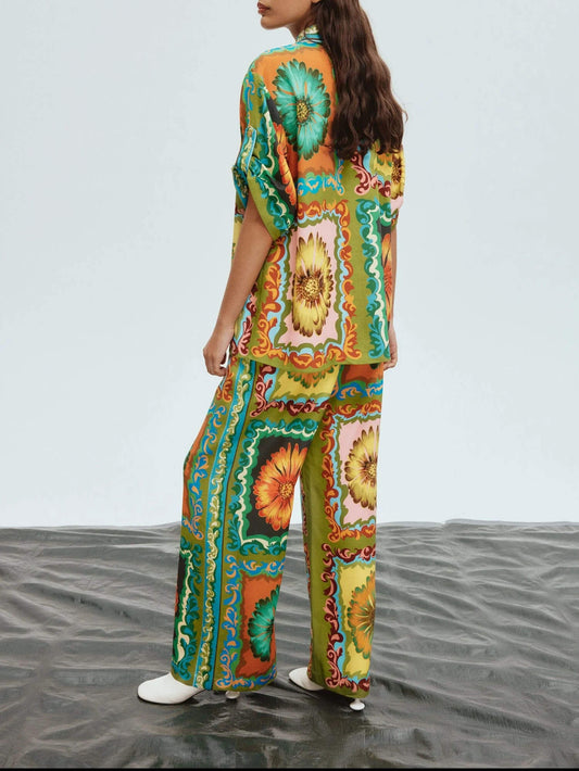 LORÉVA Sunflower Print Satin Wide Leg Pants Set